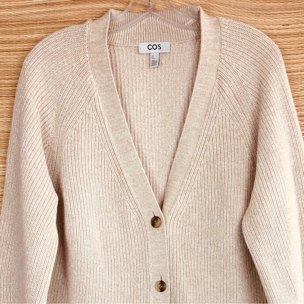 COS Longline V-Neck Cardigan Ribbed  Knit Cotton  In Cream Size S - Picture 10 of 13